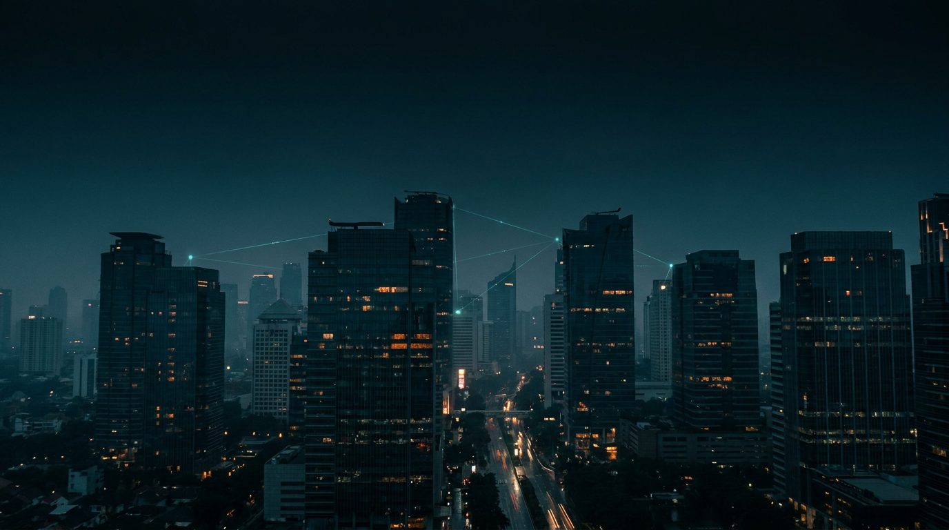 Jakarta skyline with an illustrated blockchain transaction route