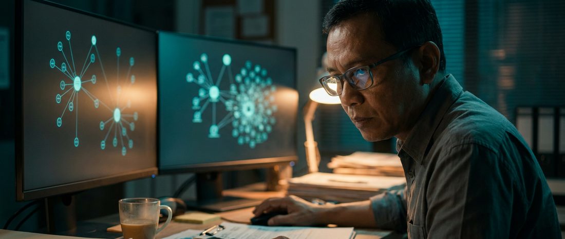 An analyst at night studying a wallet cluster graph on two monitors